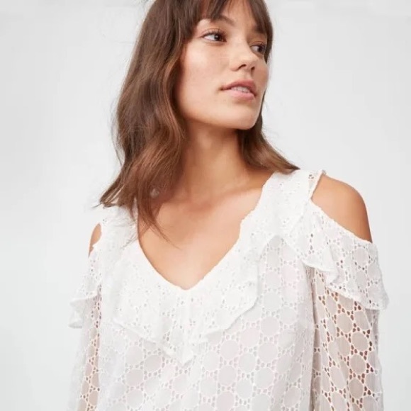 Club Monaco Silk Eyelet Long Sleeve V Neck Ruffle Top in White - M - Picture 2 of 7